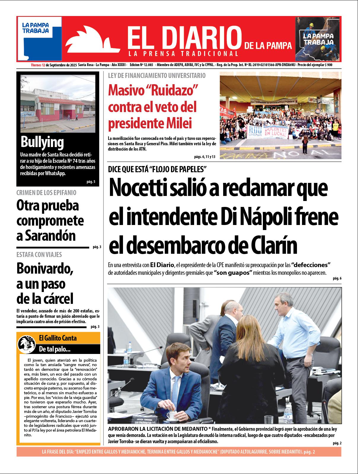 Tapa de El Diario en papel  viernes 12 de septiembre de 2025